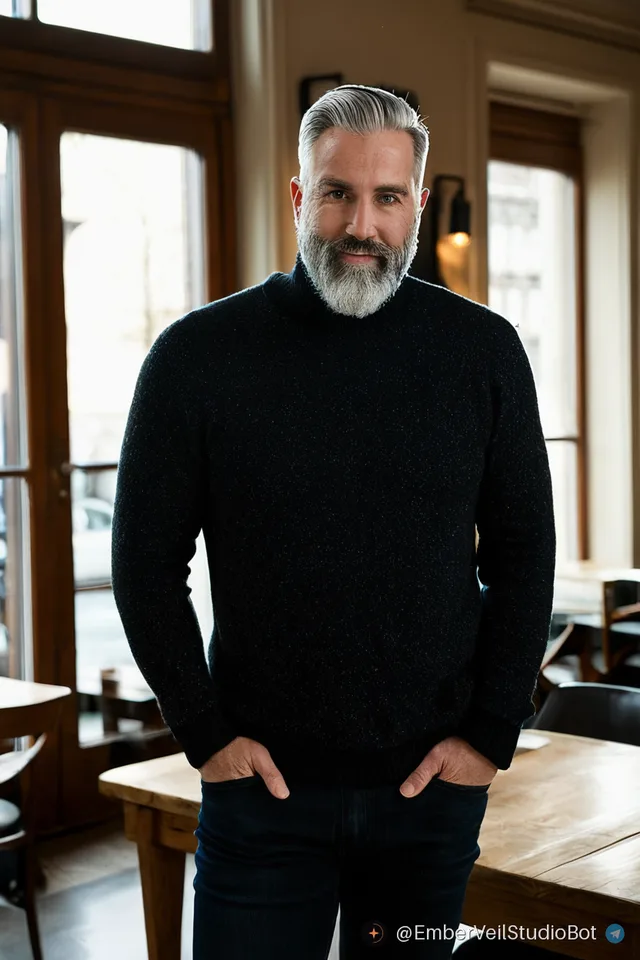 Silver fox: an AI-generated picture made with this preset, clothed